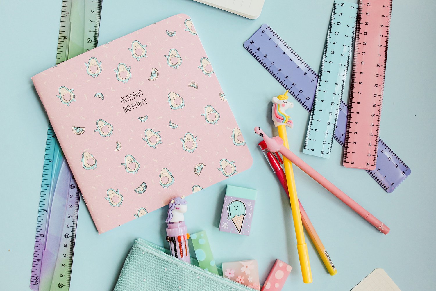 Pastel Stationery on Blue Background